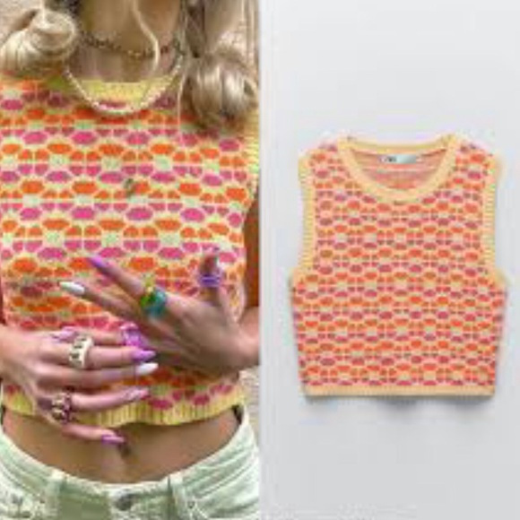ZARA Retro FLORAL CROPPED SWEATER Vest sz medium M - Picture 2 of 9